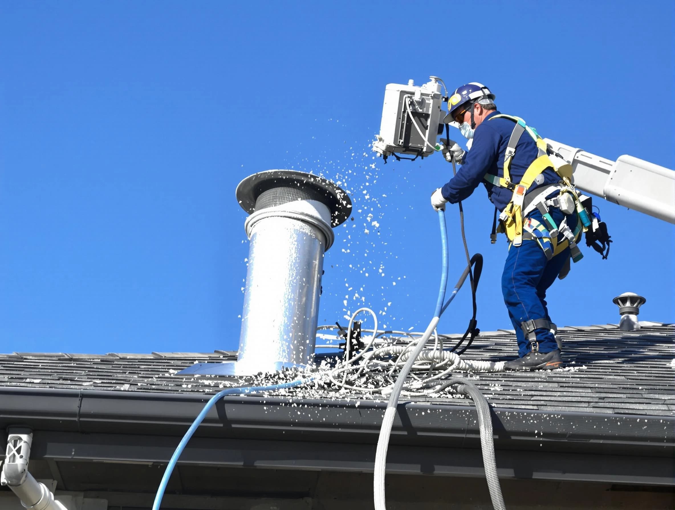 Denver Dryer Vent Cleaning certified technician safely cleaning a roof-mounted dryer vent in Denver