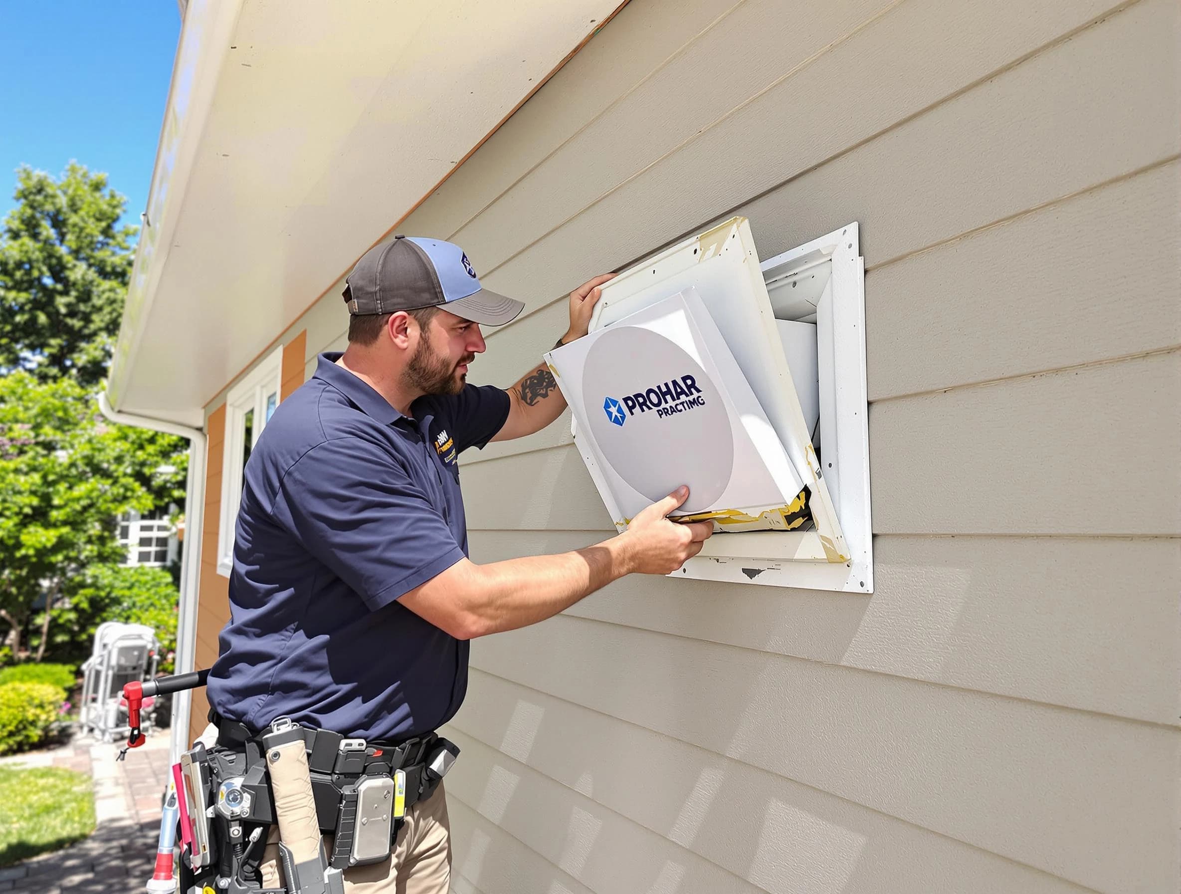 Denver Dryer Vent Cleaning technician installing a new protective dryer vent cover on a home in Denver