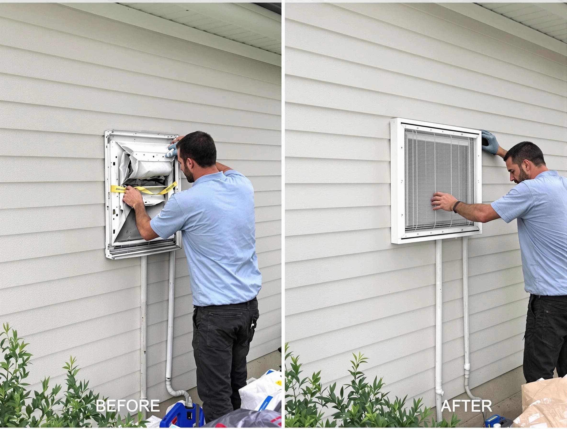 Denver Dryer Vent Cleaning technician installing high-quality dryer vent cover at a residential property in Denver