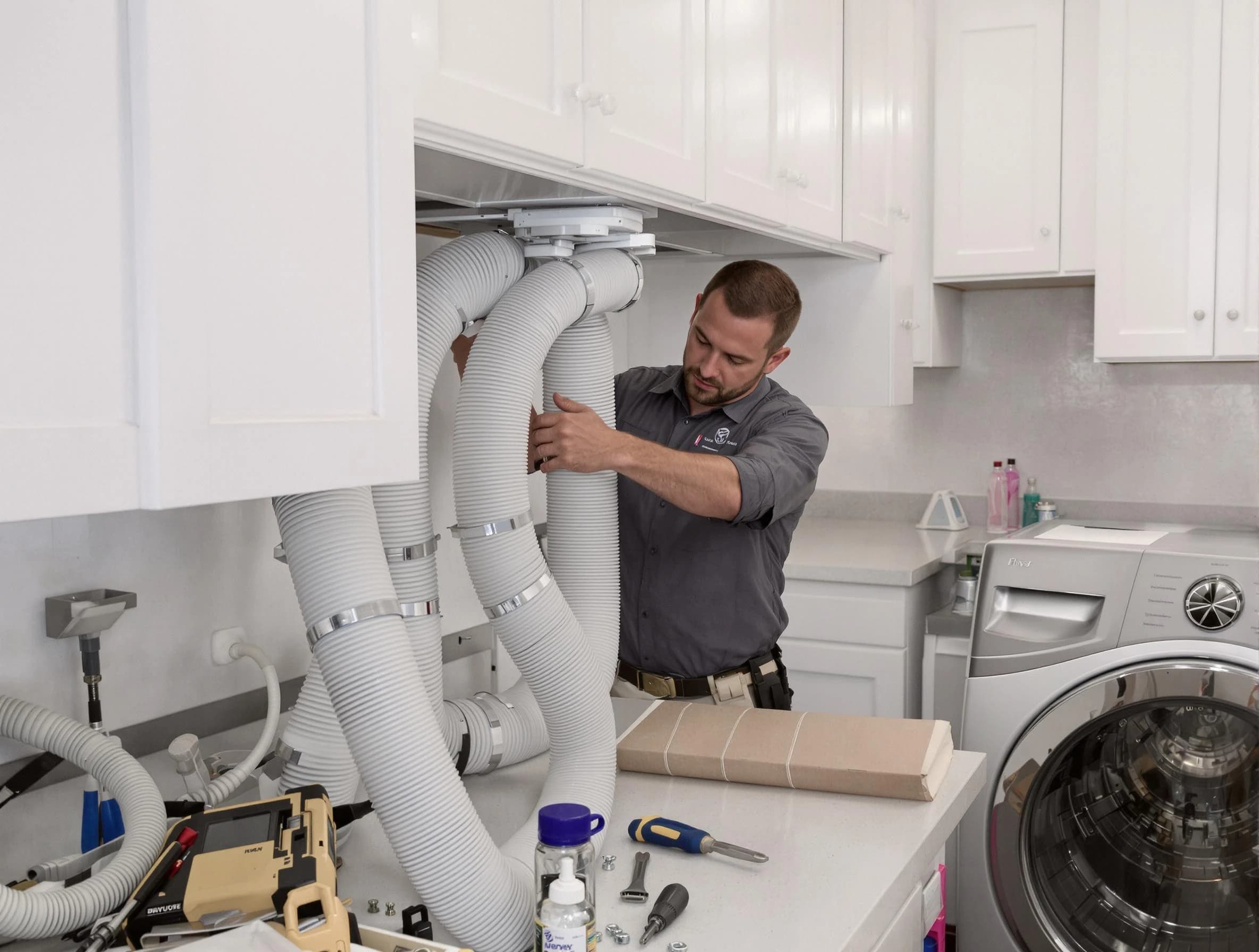 Denver Dryer Vent Cleaning technician installing a new professional-grade dryer vent hose in Denver