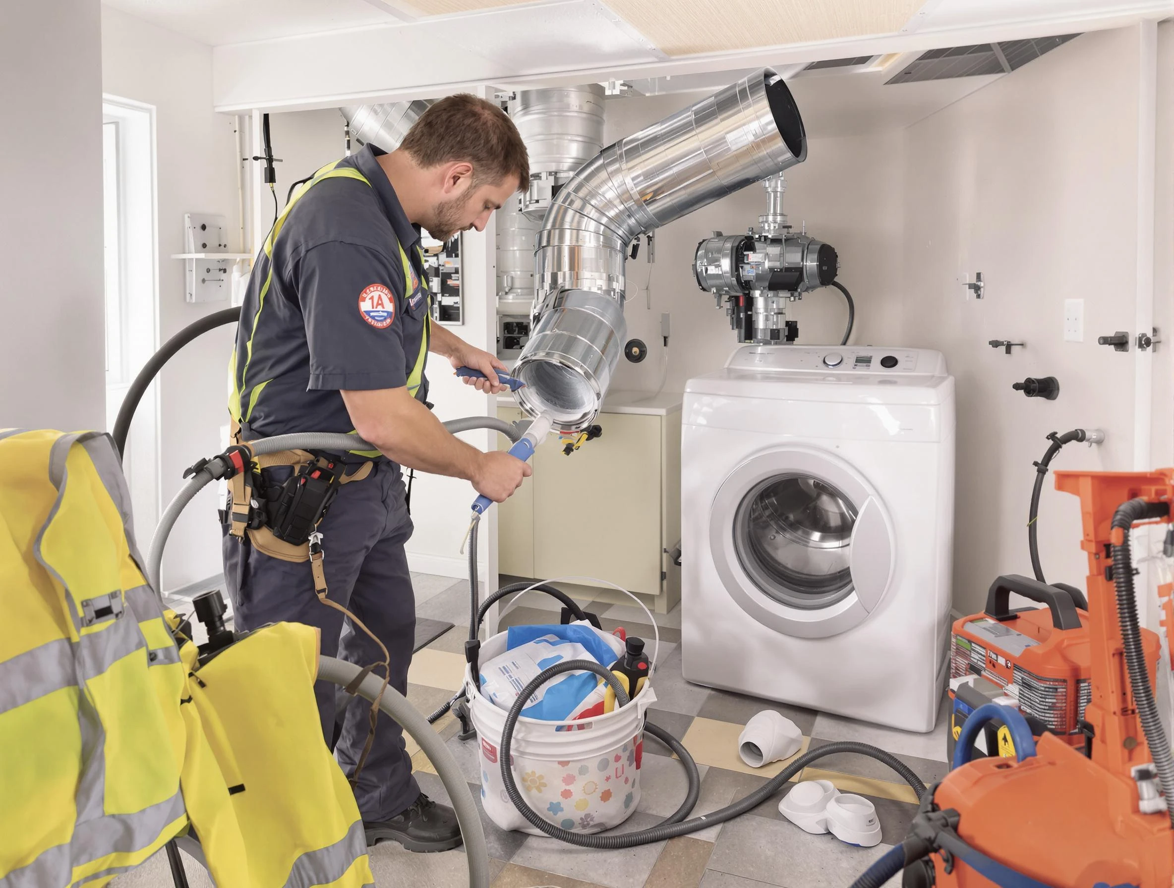 Denver Dryer Vent Cleaning technician using specialized equipment to clear severe dryer vent blockage in Denver